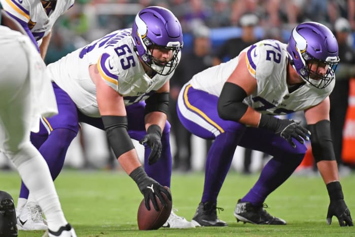 Sep 14, 2023; Philadelphia, Pennsylvania, USA; Minnesota Vikings center Austin Schlottmann (65) and guard Ezra Cleveland (72) against the Philadelphia Eagles at Lincoln Financial Field.